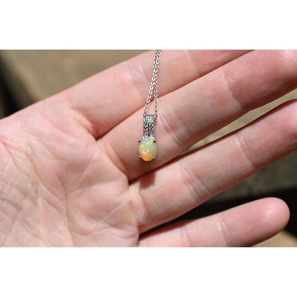 Opal necklace dainty .925 Sterling Silver pendant 16 in chain